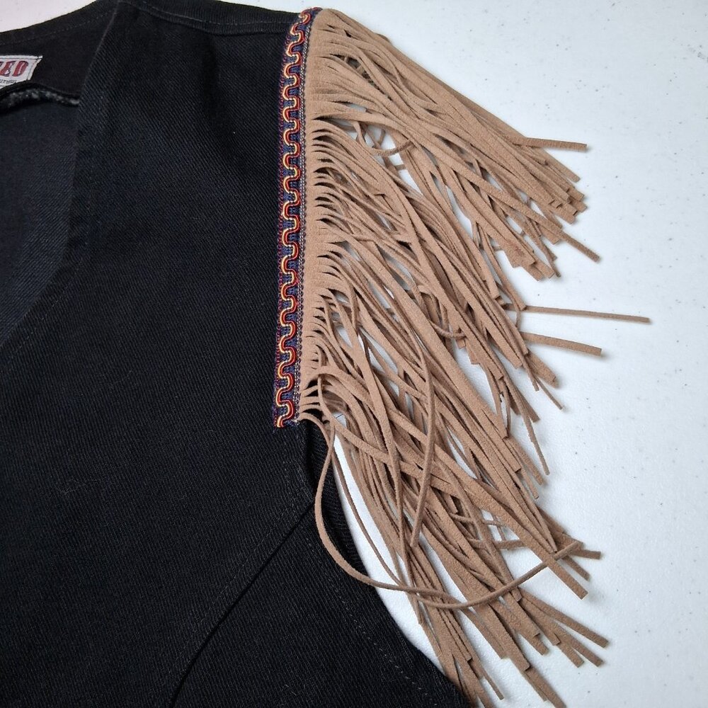 Vintage Western Wear Vest Women XL Wanted Beads Beautiful Fringe Black Denim USA - Picture 12 of 15